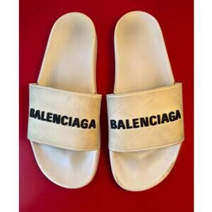 Balenciaga Pool Slides Mens 11 | 44 EU White Black Logo Spellout